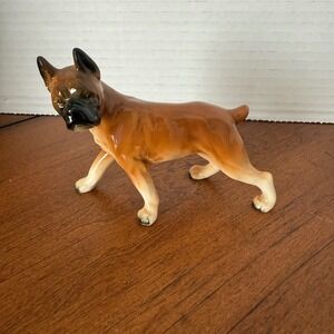 Vintage Ceramic Boxer Dog Figurine Brown‎ Black Glazed Realistic Animal Decor